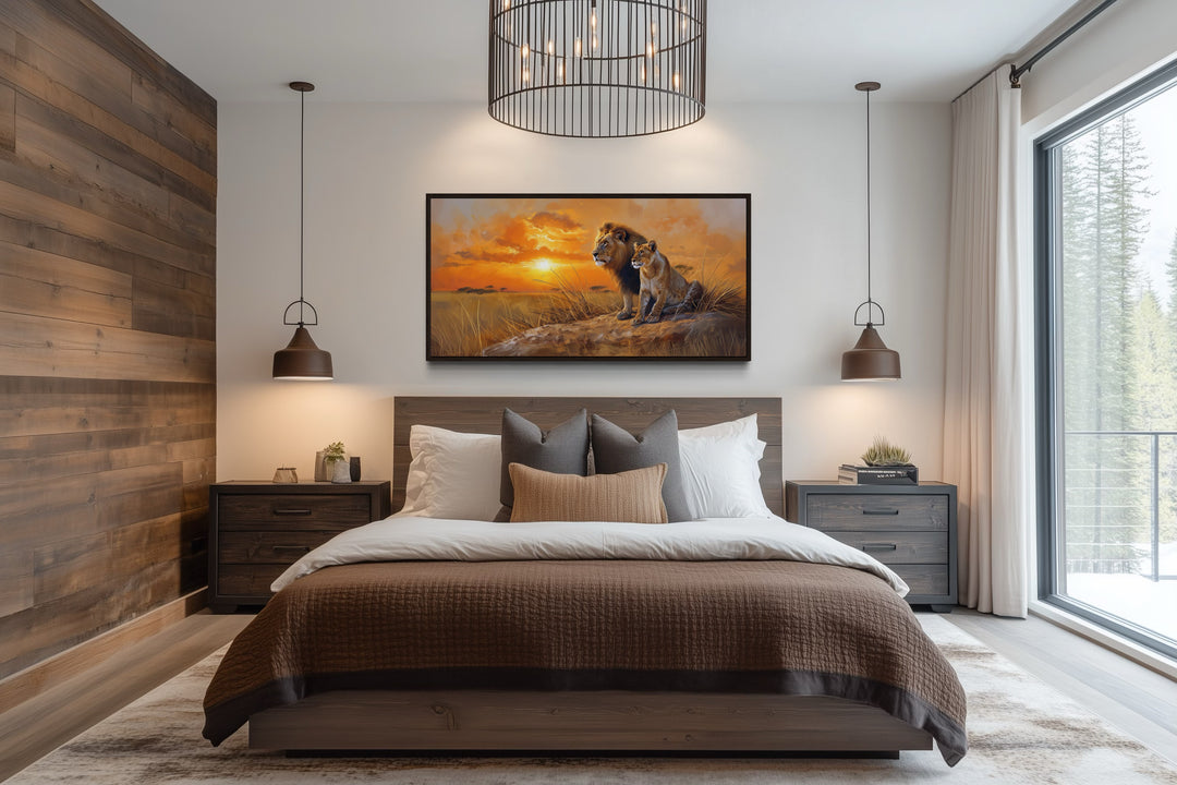 Lion and Lioness Wall Art - African Savannah Framed Canvas Print for Rustic Home Decor