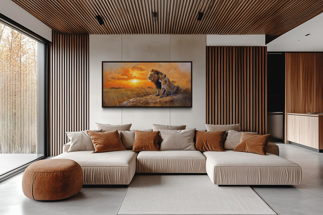 Lion and Lioness Wall Art - African Savannah Framed Canvas Print for Rustic Home Decor