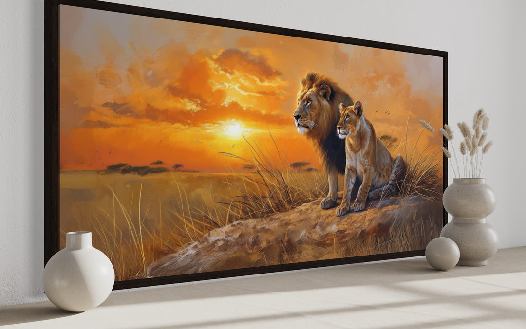 Lion and Lioness Wall Art - African Savannah Framed Canvas Print for Rustic Home Decor