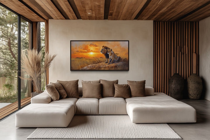 Lion and Lioness Wall Art - African Savannah Framed Canvas Print for Rustic Home Decor