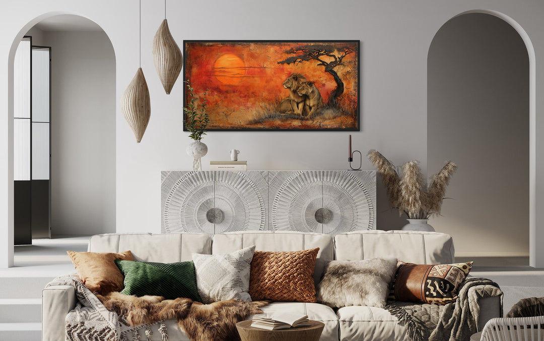 Lion and Lioness in African Savanna Framed Canvas Wall Art