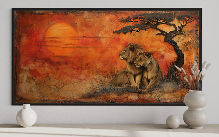 Lion and Lioness in African Savanna Framed Canvas Wall Art