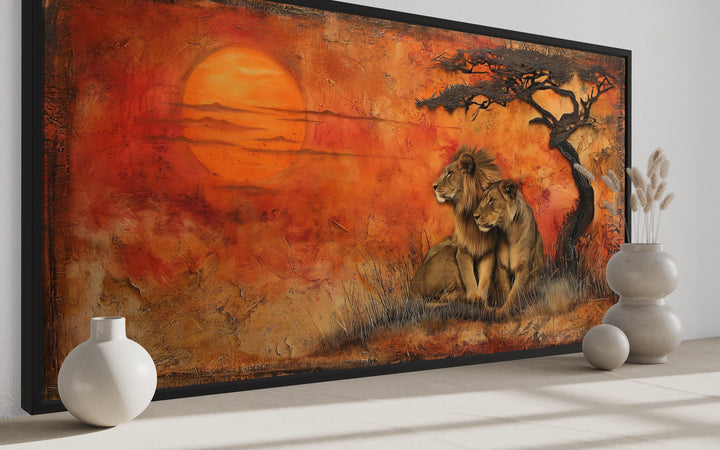 Lion and Lioness in African Savanna Framed Canvas Wall Art