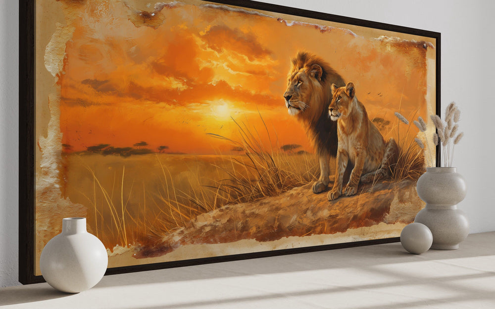 Lion and Lioness in Savannah At Sunset Framed Canvas Romantic Wall Art side view