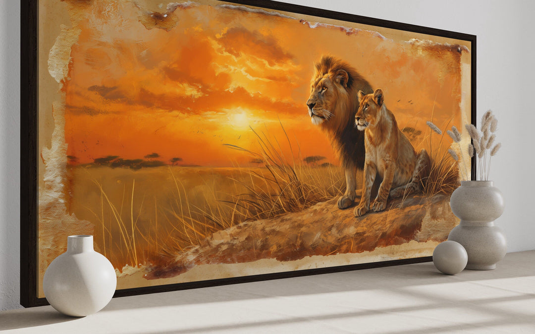 Lion and Lioness in Savannah At Sunset Framed Canvas Romantic Wall Art