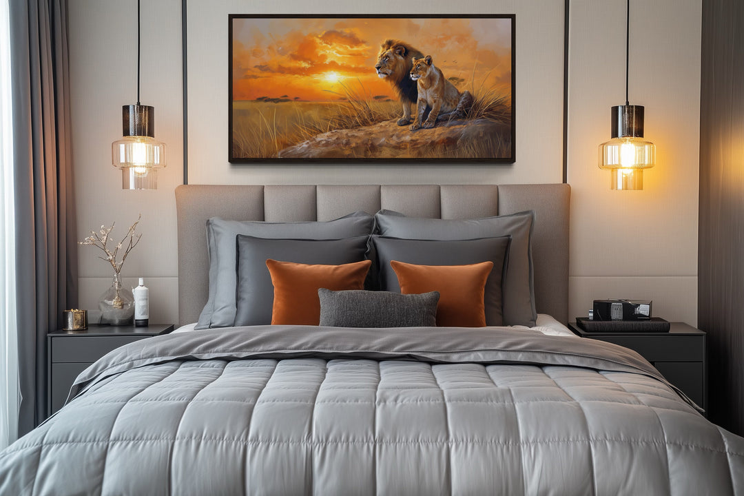 Lion and Lioness in Savannah At Sunset Framed Canvas Romantic Wall Art