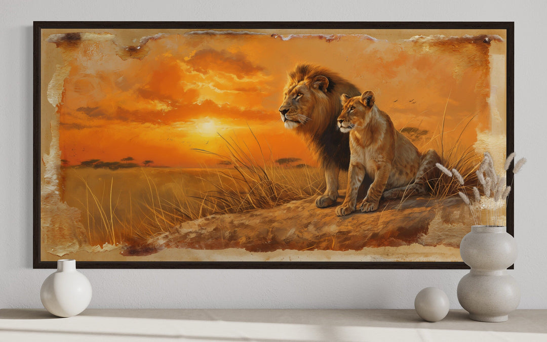 Lion and Lioness in Savannah At Sunset Framed Canvas Romantic Wall Art