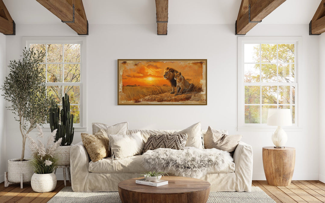 Lion and Lioness in Savannah At Sunset Framed Canvas Romantic Wall Art