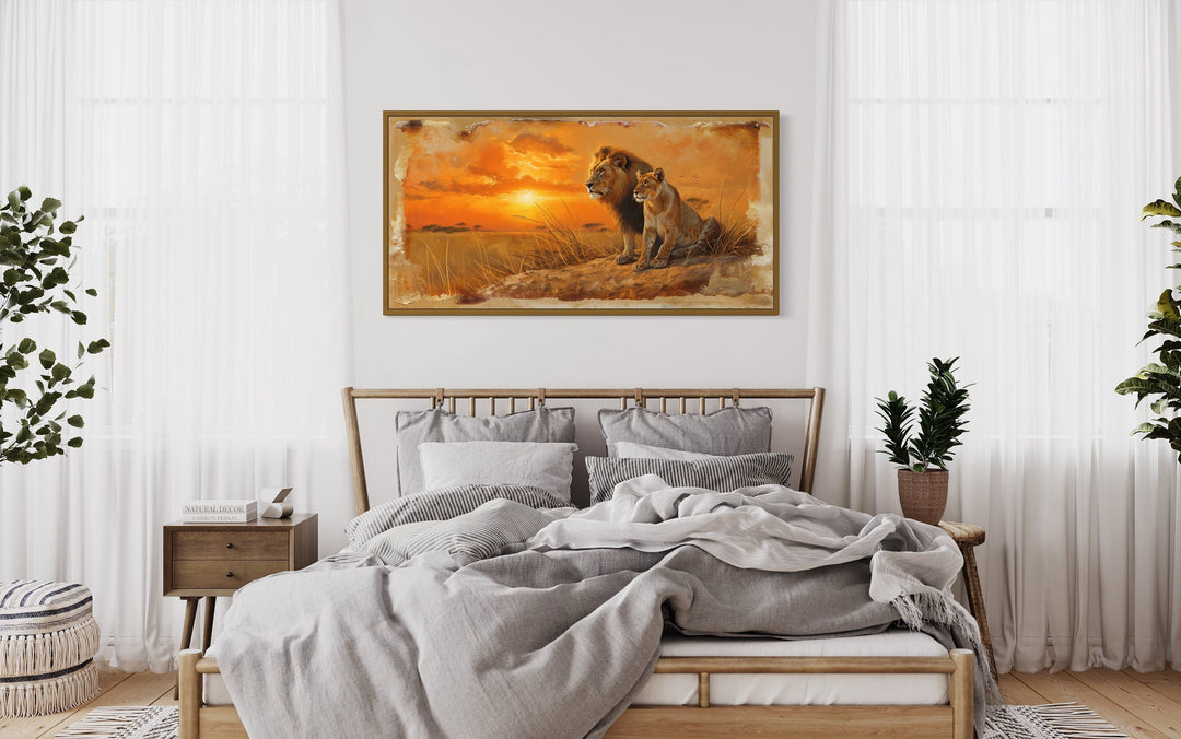 Lion and Lioness in Savannah At Sunset Framed Canvas Romantic Wall Art