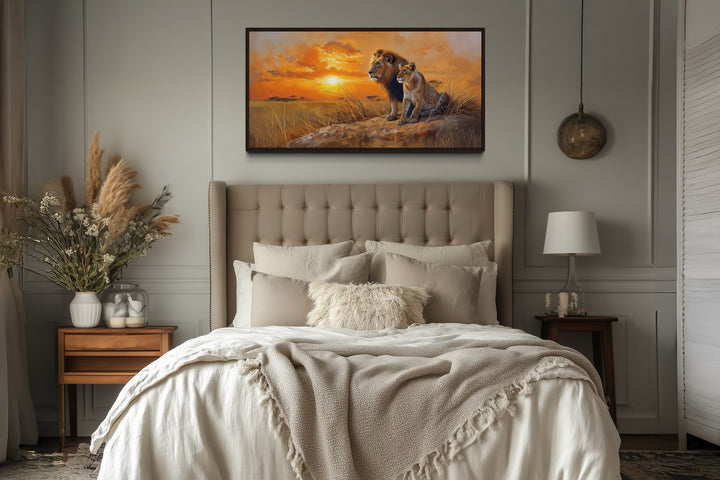 Lion and Lioness in Savannah At Sunset Framed Canvas Romantic Wall Art