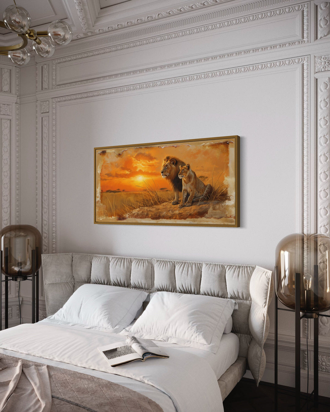 Lion and Lioness in Savannah At Sunset Framed Canvas Romantic Wall Art