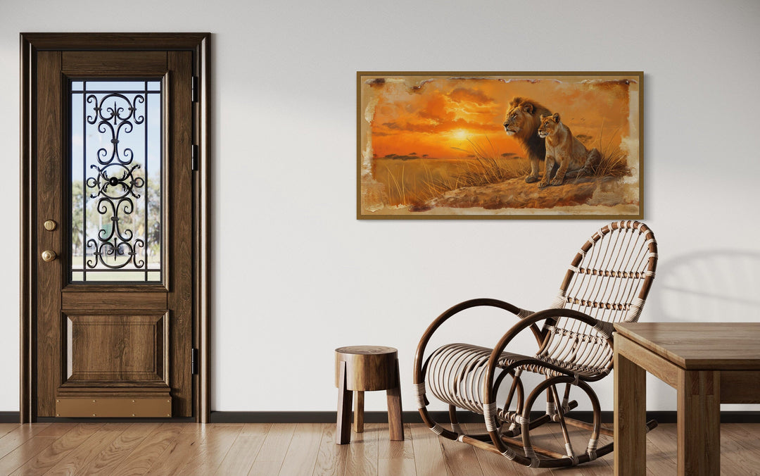 Lion and Lioness in Savannah At Sunset Framed Canvas Romantic Wall Art