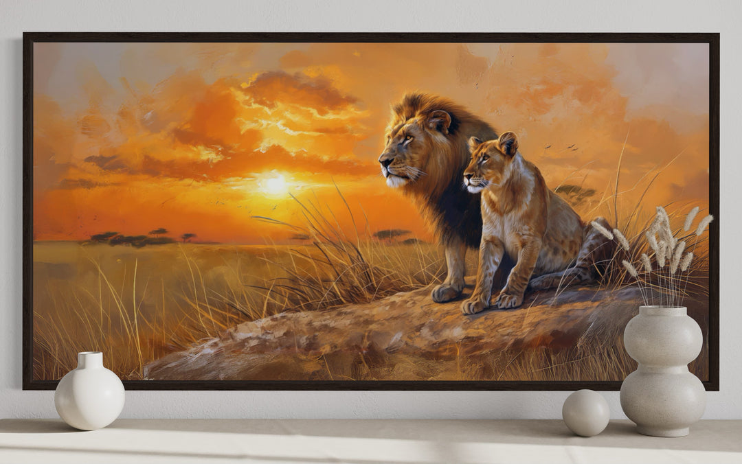 Lion and Lioness in Savannah At Sunset Framed Canvas Romantic Wall Art