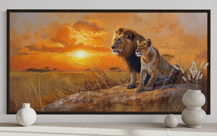 Lion and Lioness in Savannah At Sunset Framed Canvas Romantic Wall Art