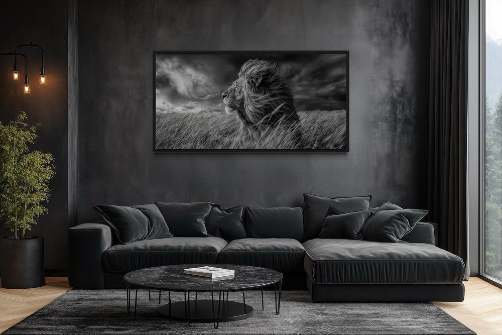 Lion in Savanna Grass Black White Photography Framed Canvas Wall Art