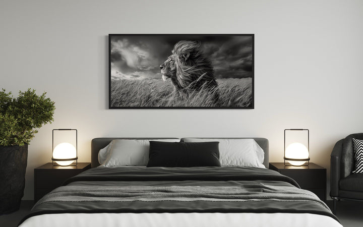 Lion in Savanna Grass Black White Photography Framed Canvas Wall Art