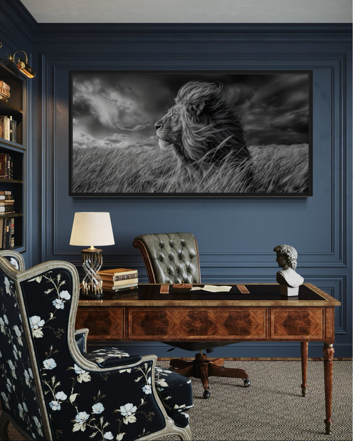 Lion in Savanna Grass Black White Photography Framed Canvas Wall Art