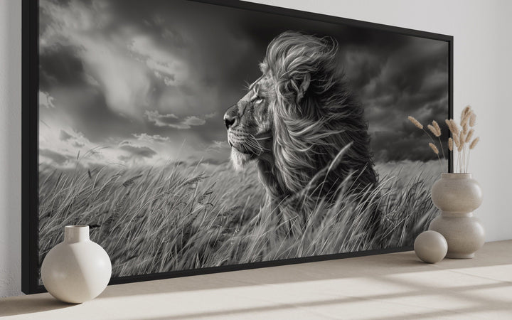 Lion in Savanna Grass Black White Photography Framed Canvas Wall Art