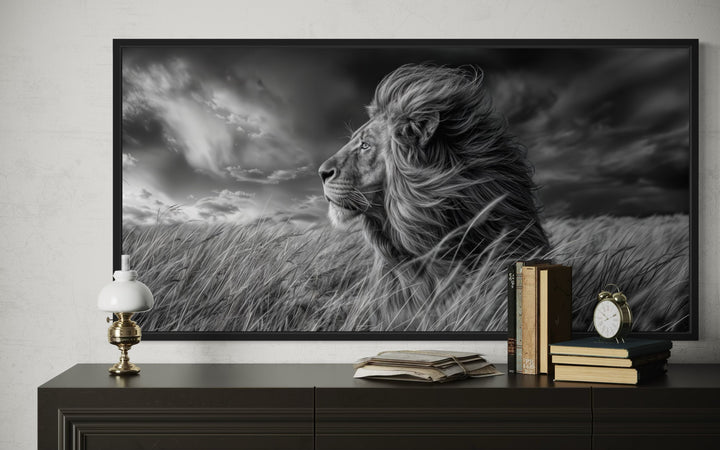 Lion in Savanna Grass Black White Photography Framed Canvas Wall Art
