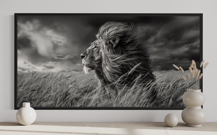 Lion in Savanna Grass Black White Photography Framed Canvas Wall Art