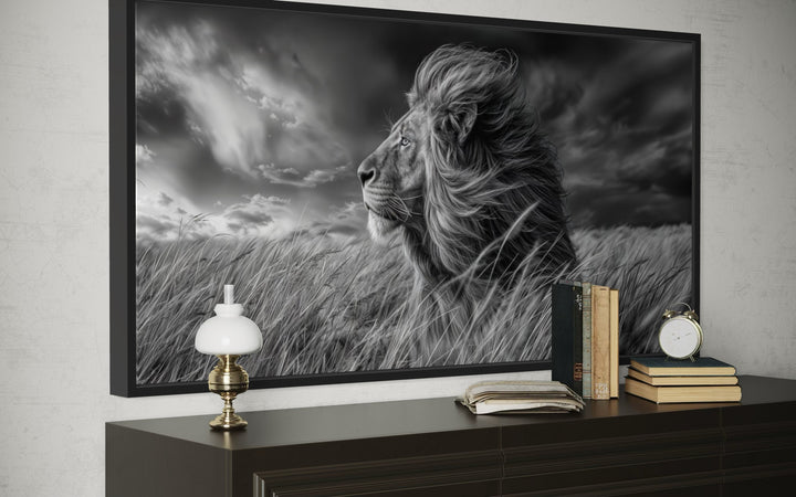 Lion in Savanna Grass Black White Photography Framed Canvas Wall Art