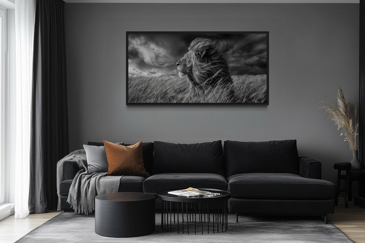 Lion in Savanna Grass Black White Photography Framed Canvas Wall Art