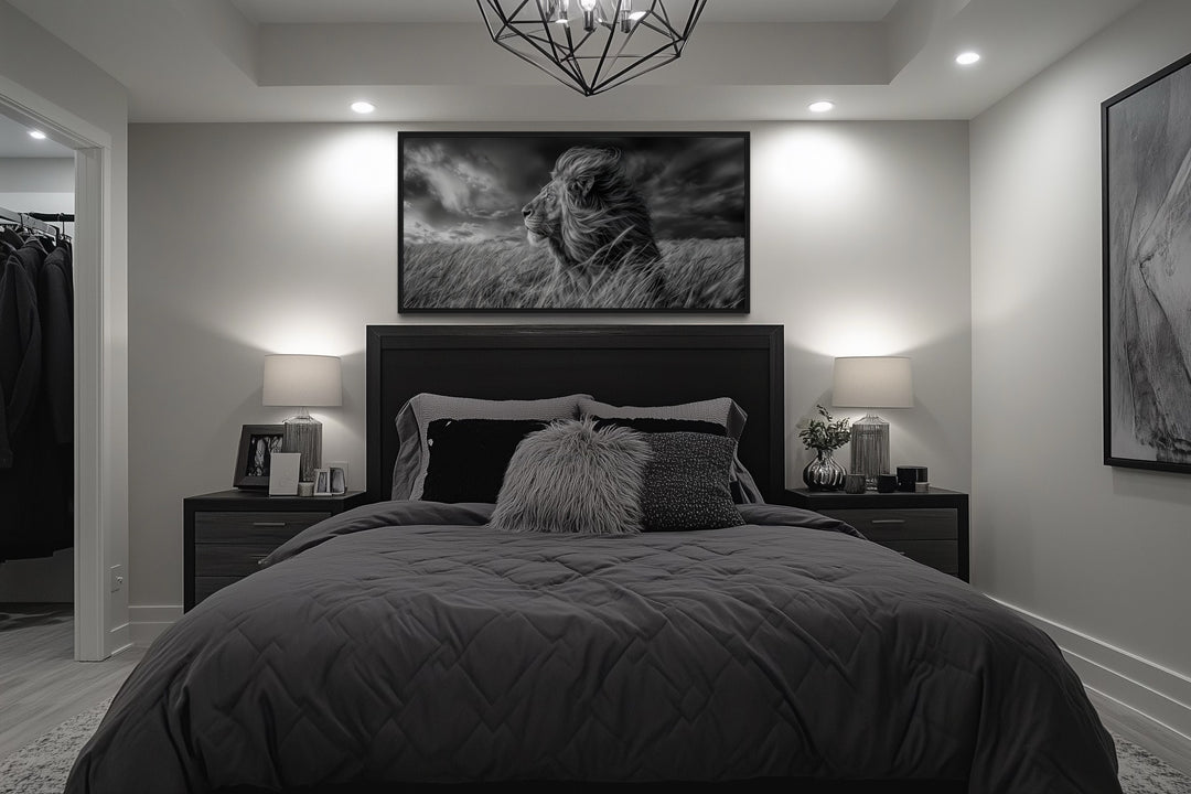 Lion in Savanna Grass Black White Photography Framed Canvas Wall Art