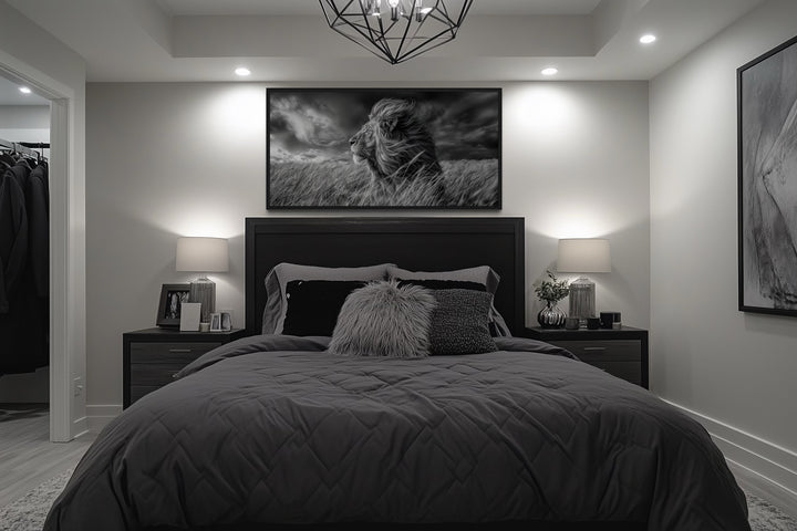 Lion in Savanna Grass Black White Photography Framed Canvas Wall Art