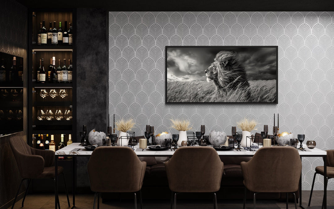 Black White Photo Style Lion in Savanna Grass, wall art