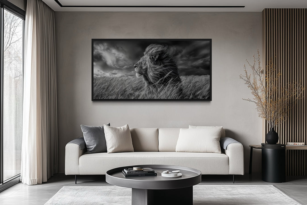 Lion in Savanna Grass Black White Photography Framed Canvas Wall Art