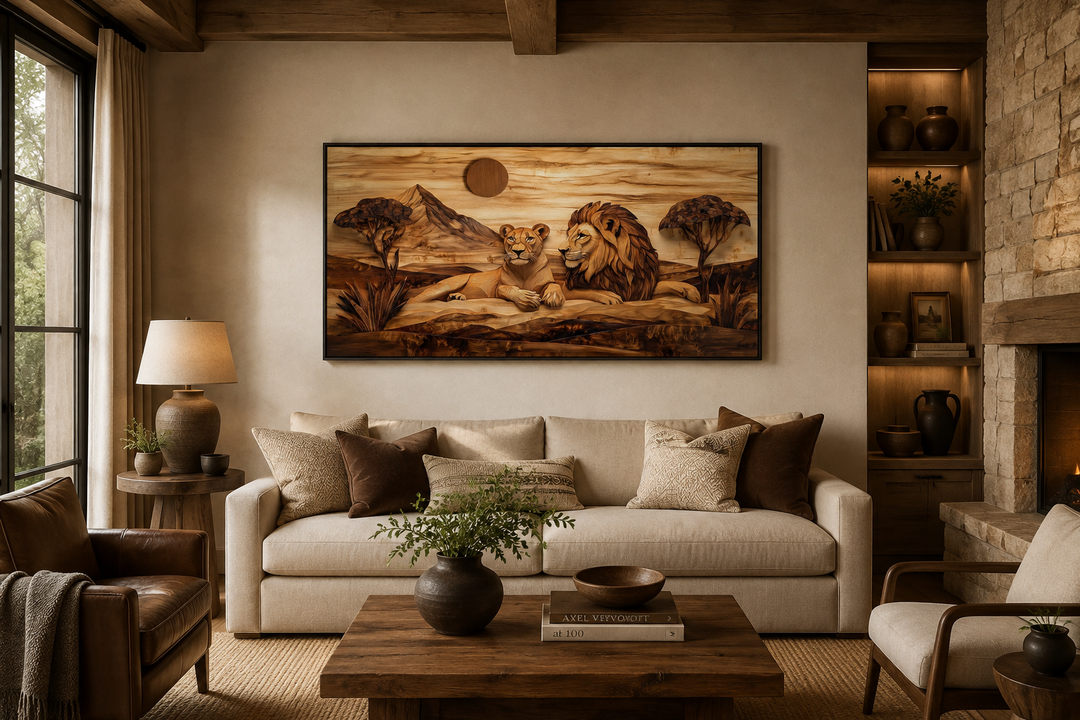 Lion and lioness couple in African savanna wood texture painting canvas print above a sofa.