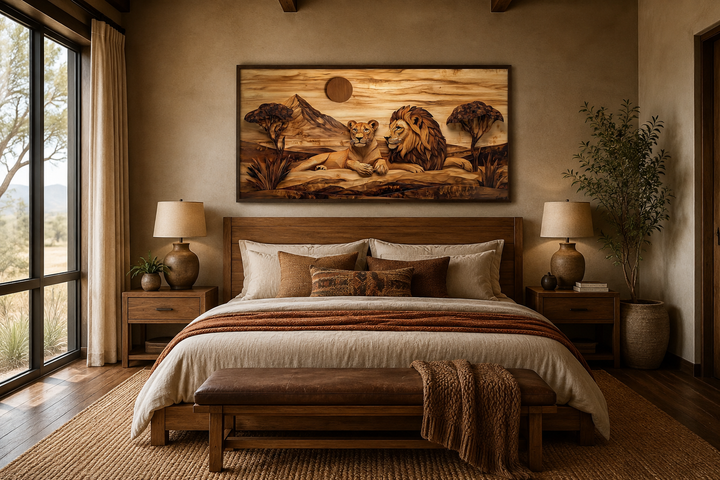 Lion and lioness wood texture canvas print hanging above a bed in a rustic safari-themed bedroom.