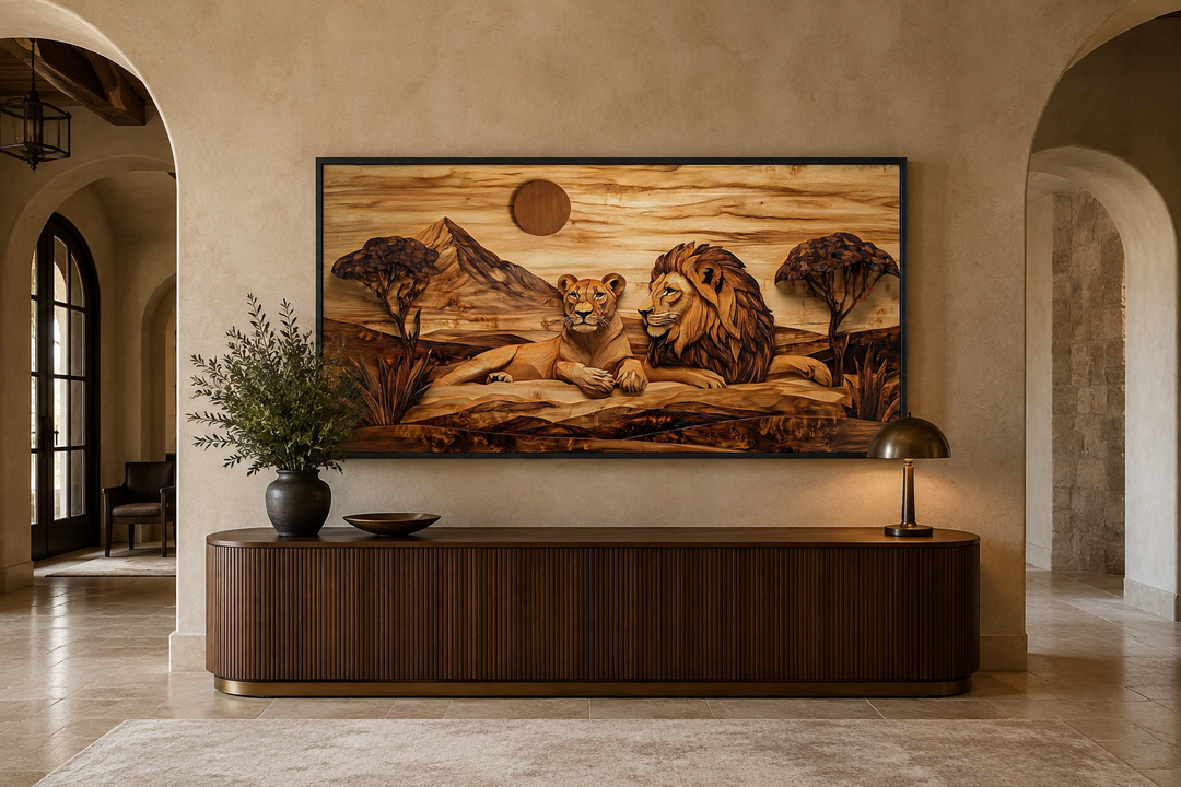 Wood texture painting of a lion and lioness in the savanna.
