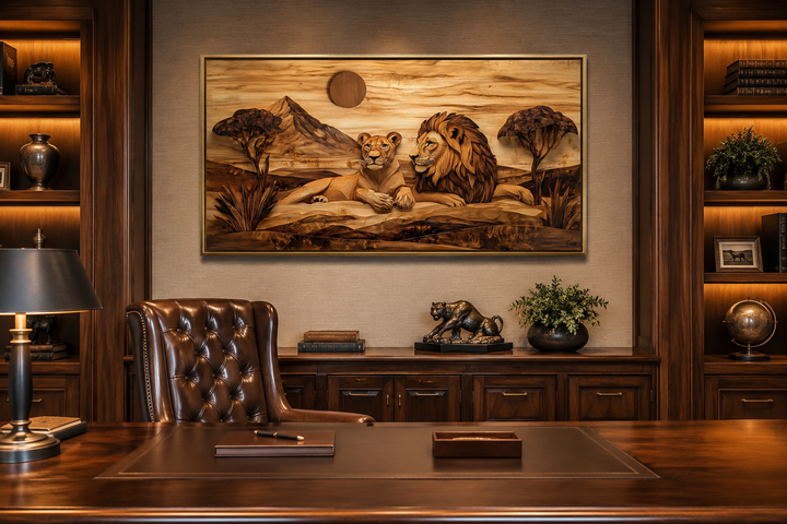 Lion and lioness couple in African savanna wood texture painting canvas print in a home office.