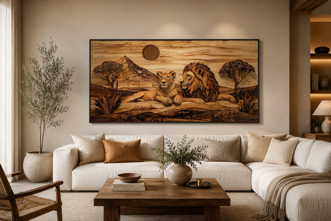Lion and lioness couple wood texture canvas print hanging above a white sofa in a modern living room