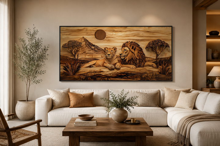 Lion and lioness couple wood texture canvas print hanging above a white sofa in a modern living room