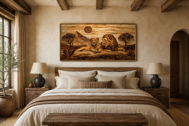 Lion and lioness wood texture painting canvas print above a bed in a rustic bedroom.
