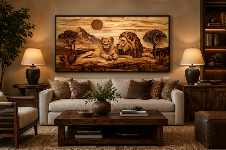 Lion and lioness wood texture painting canvas print in a rustic living room setting.