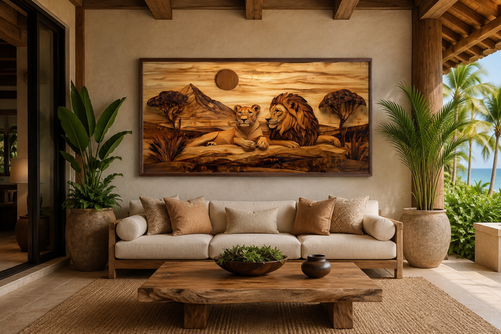 Lion and lioness couple in African savanna wood texture painting canvas print above a sofa.