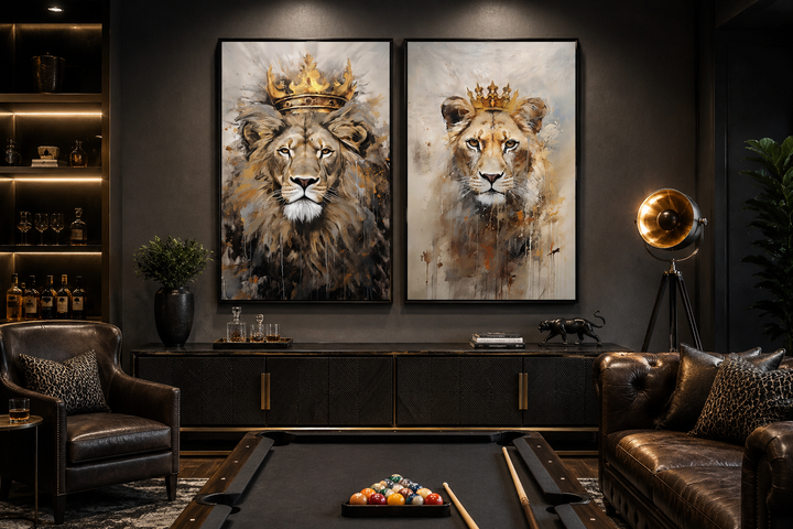 Set of 2 framed canvas wall art featuring a lion king and lioness queen with golden crowns.