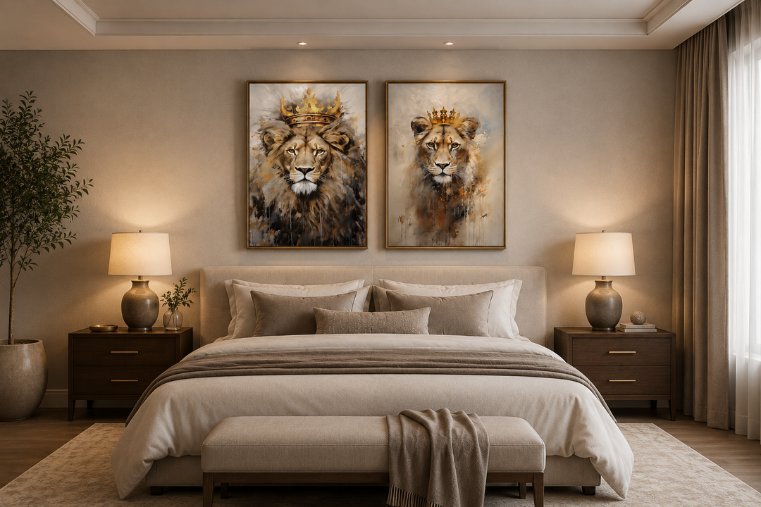 Set of 2 framed canvas prints featuring a lion king and lioness queen with crowns above a bed.