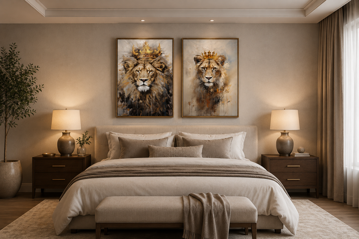 Set of 2 framed canvas prints featuring a lion king and lioness queen with crowns above a bed.