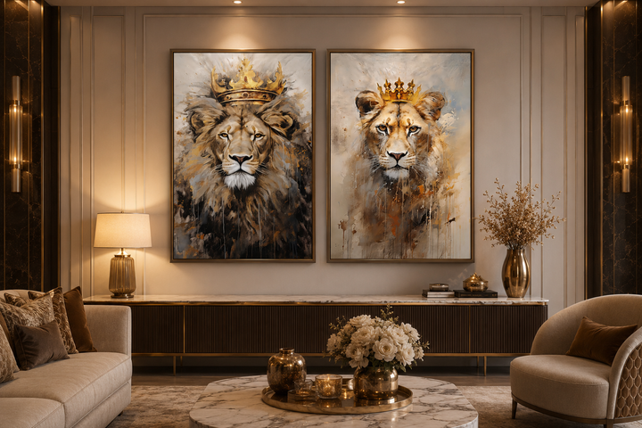Set of 2 framed canvas wall art featuring a lion king and lioness queen with gold crowns.