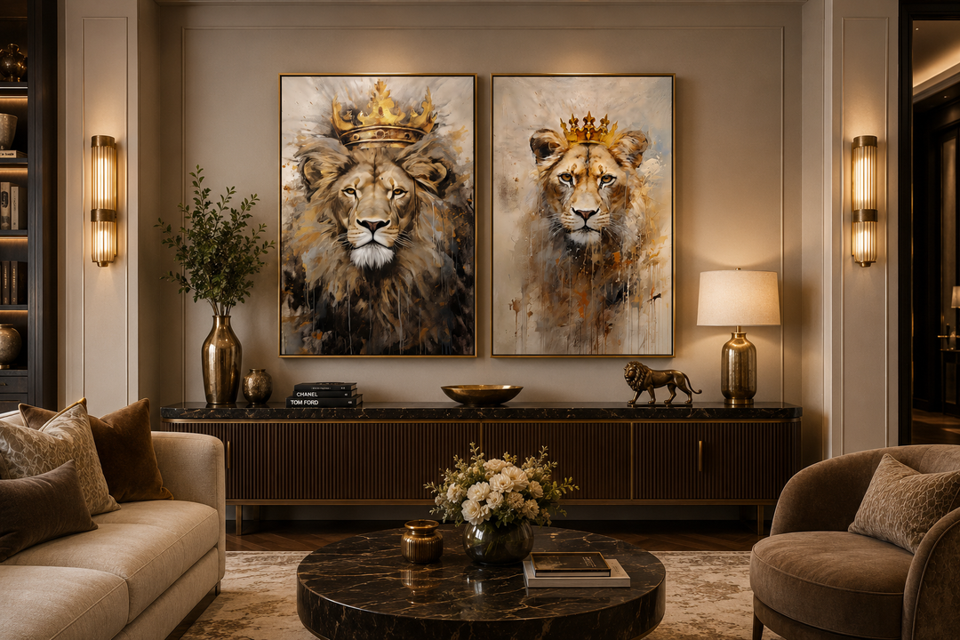 Set of 2 framed canvas wall art featuring a lion king and lioness queen wearing golden crowns.