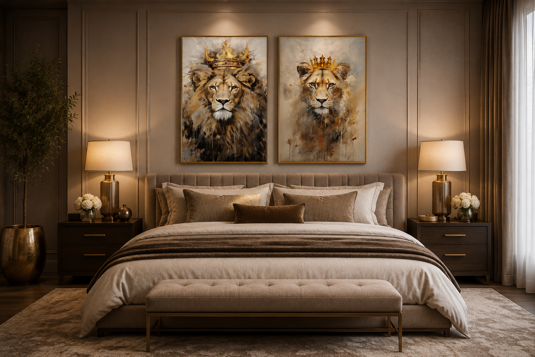 Set of 2 framed canvas prints featuring a lion king and lioness queen with crowns above a bed.