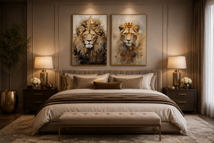 Set of 2 framed canvas prints featuring a lion king and lioness queen with crowns above a bed.