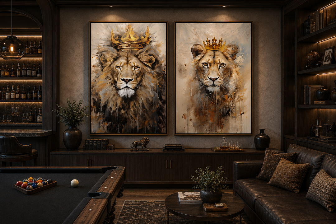 Set of 2 framed canvas prints featuring a lion king and lioness queen with golden crowns.