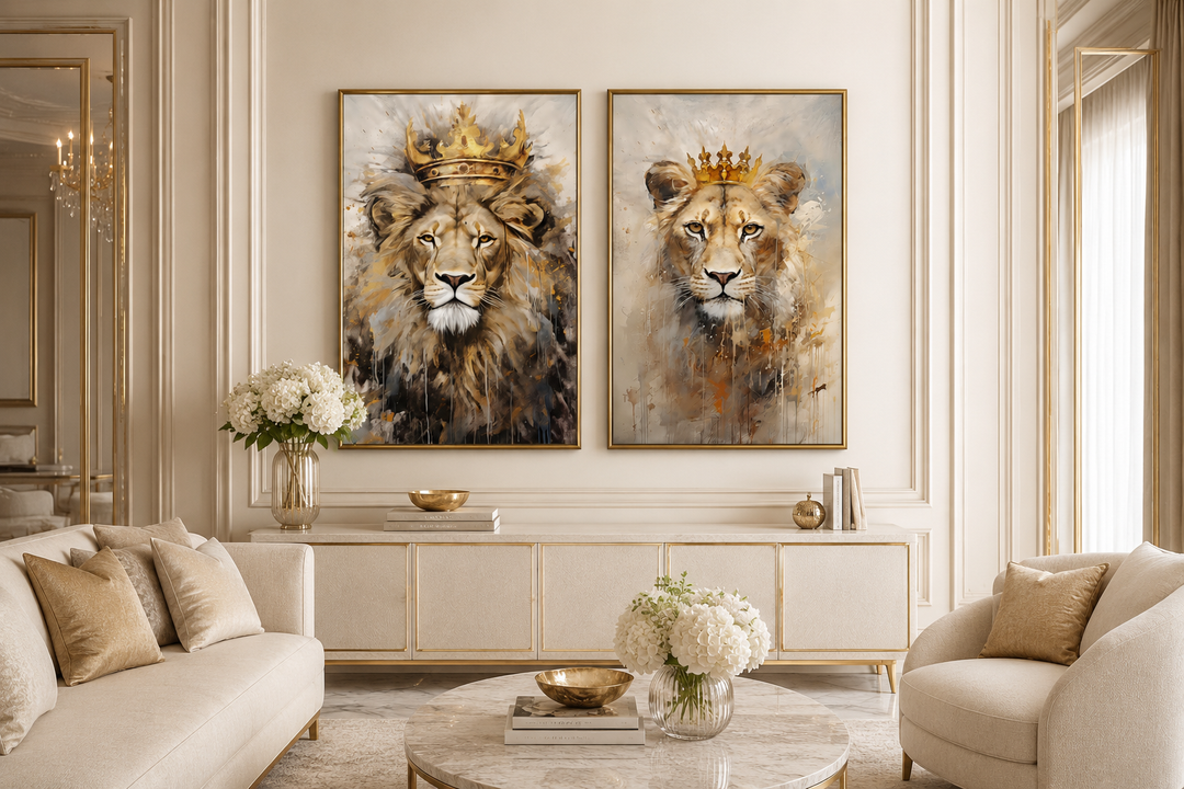 Set of 2 framed canvas wall art featuring a lion king and lioness queen with gold crowns.