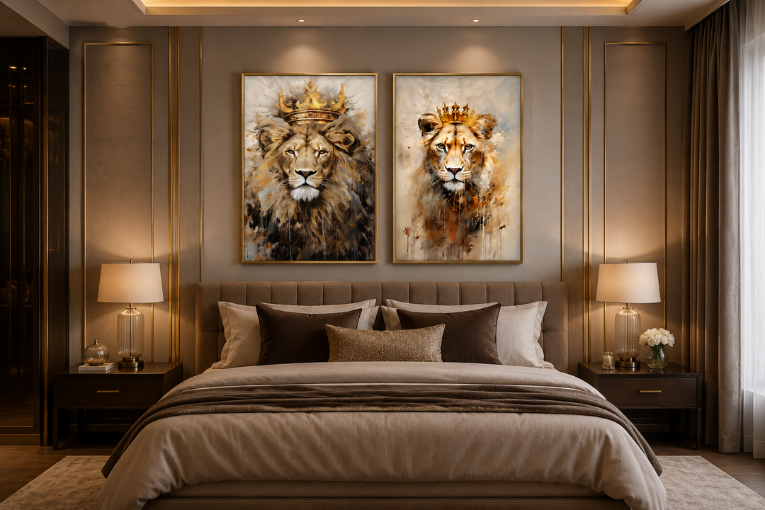 Set of 2 framed canvas prints featuring a lion king and lioness queen with crowns above a bed.