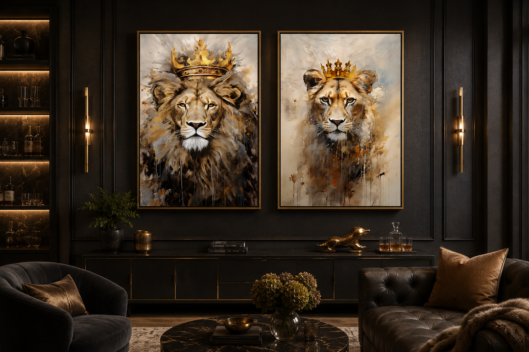 Set of 2 framed canvas prints featuring a lion king and lioness queen with crowns in a dark room.